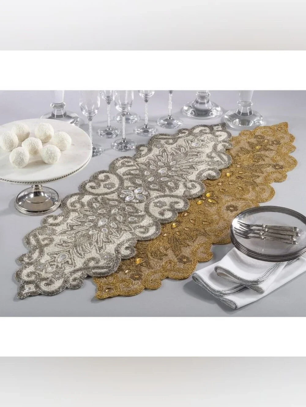 SARO Beaded Jeweled Scroll Motif Elegant Glam Design Table Runner. Silver
